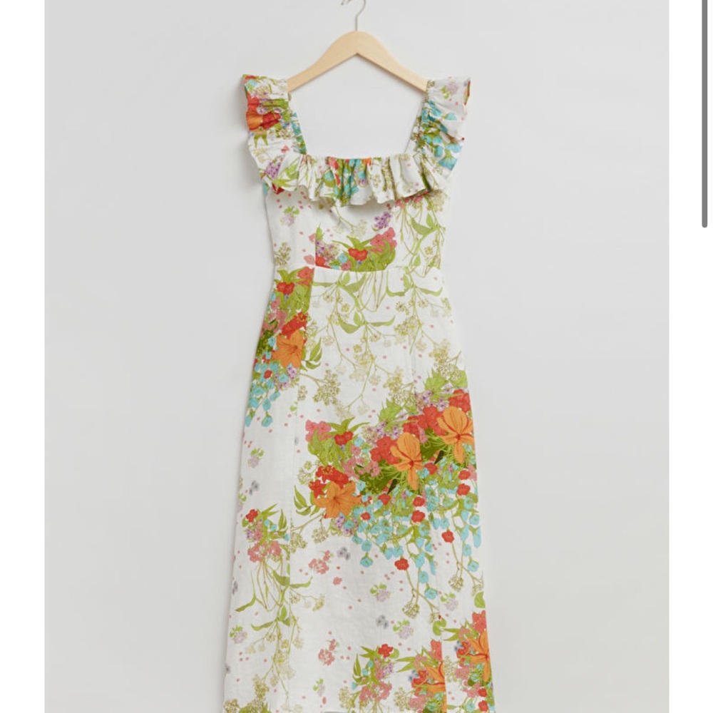 & Other Stories - Ruffle Neck Midi Floral Linen Dress